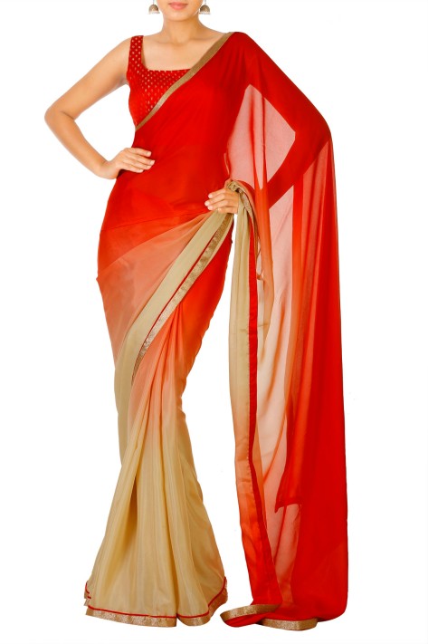 Red-Cream Ombre Sari