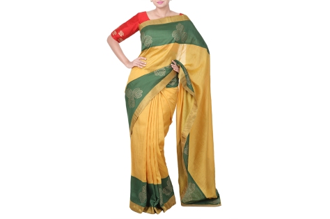 red and green chanderi saree