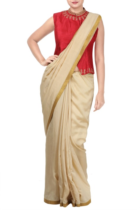 beige saree with red blouse