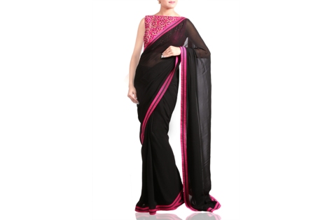 black saree with pink border