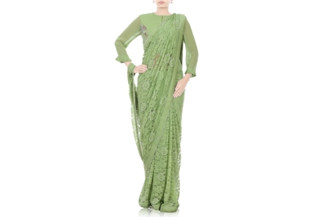 designer green lace sari